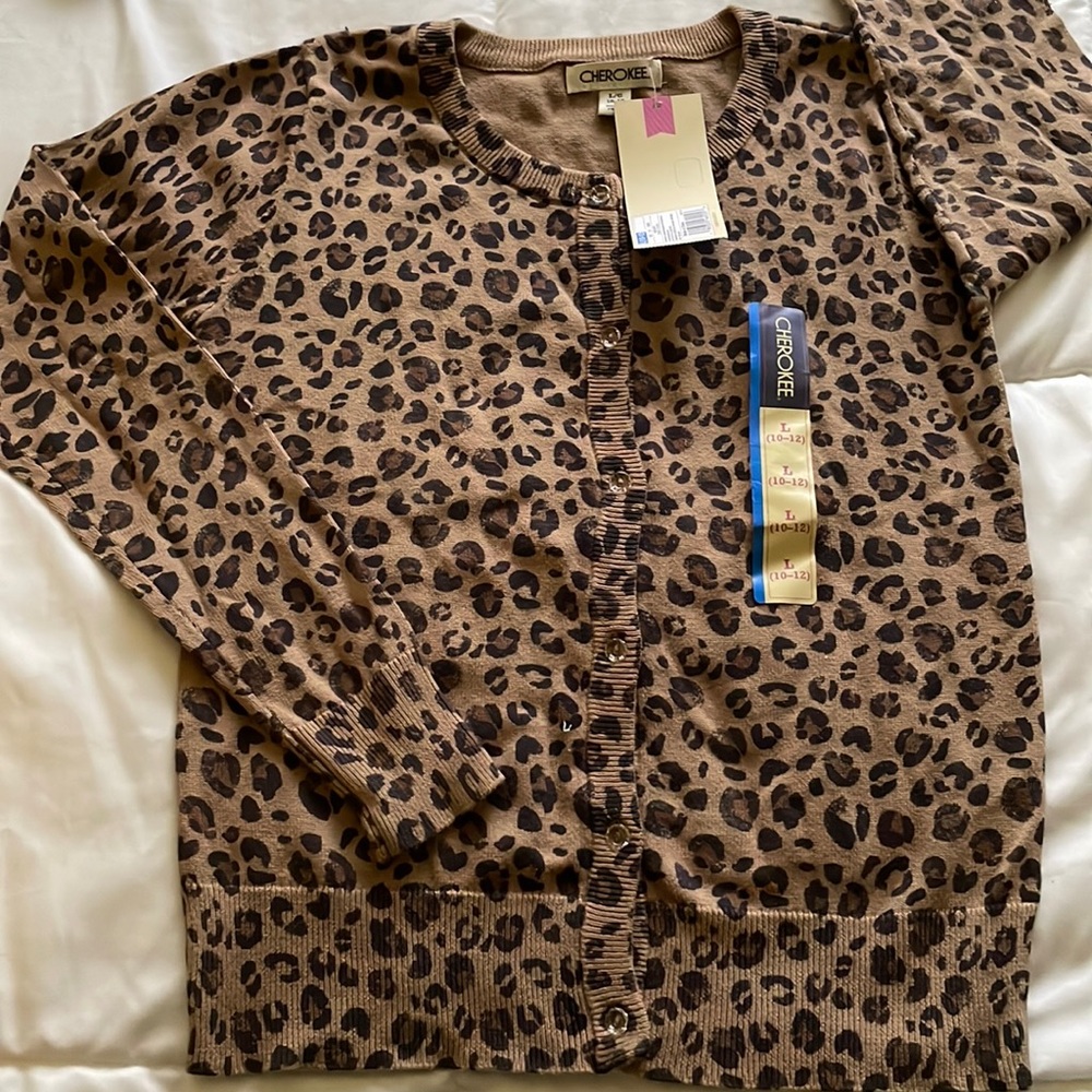 Cheetah print cardigan sweater L (10-12)